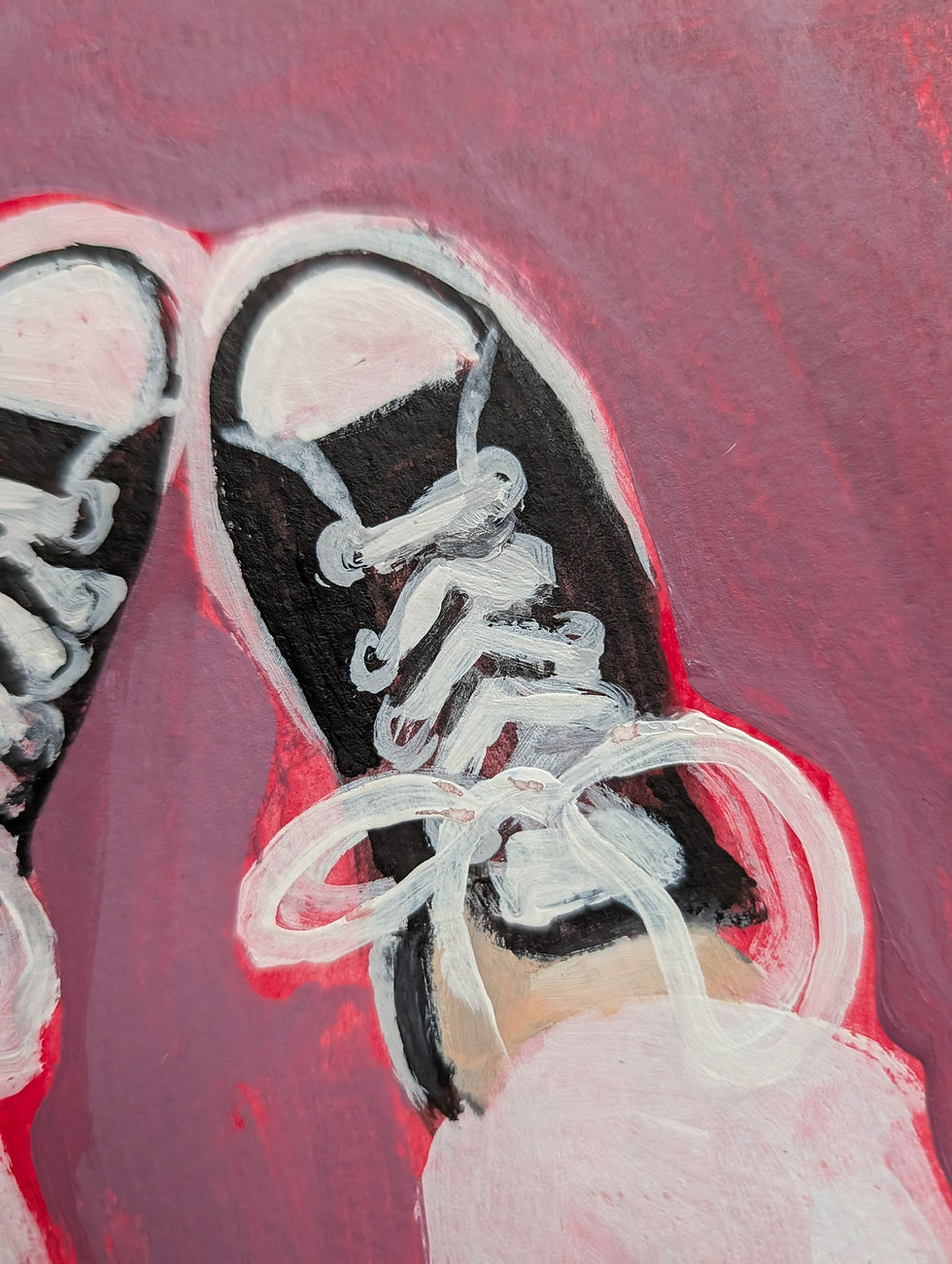 Thumbnail: Acrylic painting of feet in the air with converse shoes on with purple background. 