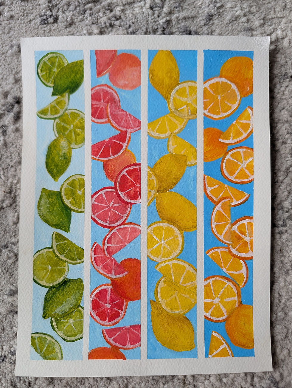 Thumbnail: Acrylic painting of cut up citrus fruit in rows on textured arches paper. 