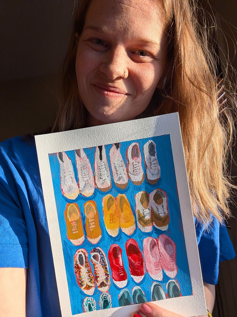 Thumbnail: Acrylic painting of four rows of three pairs of shoes that get progressively more colourful.