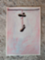 Acrylic painting of pair of converse shoes hanging from telephone wire, the perspective is looking up.