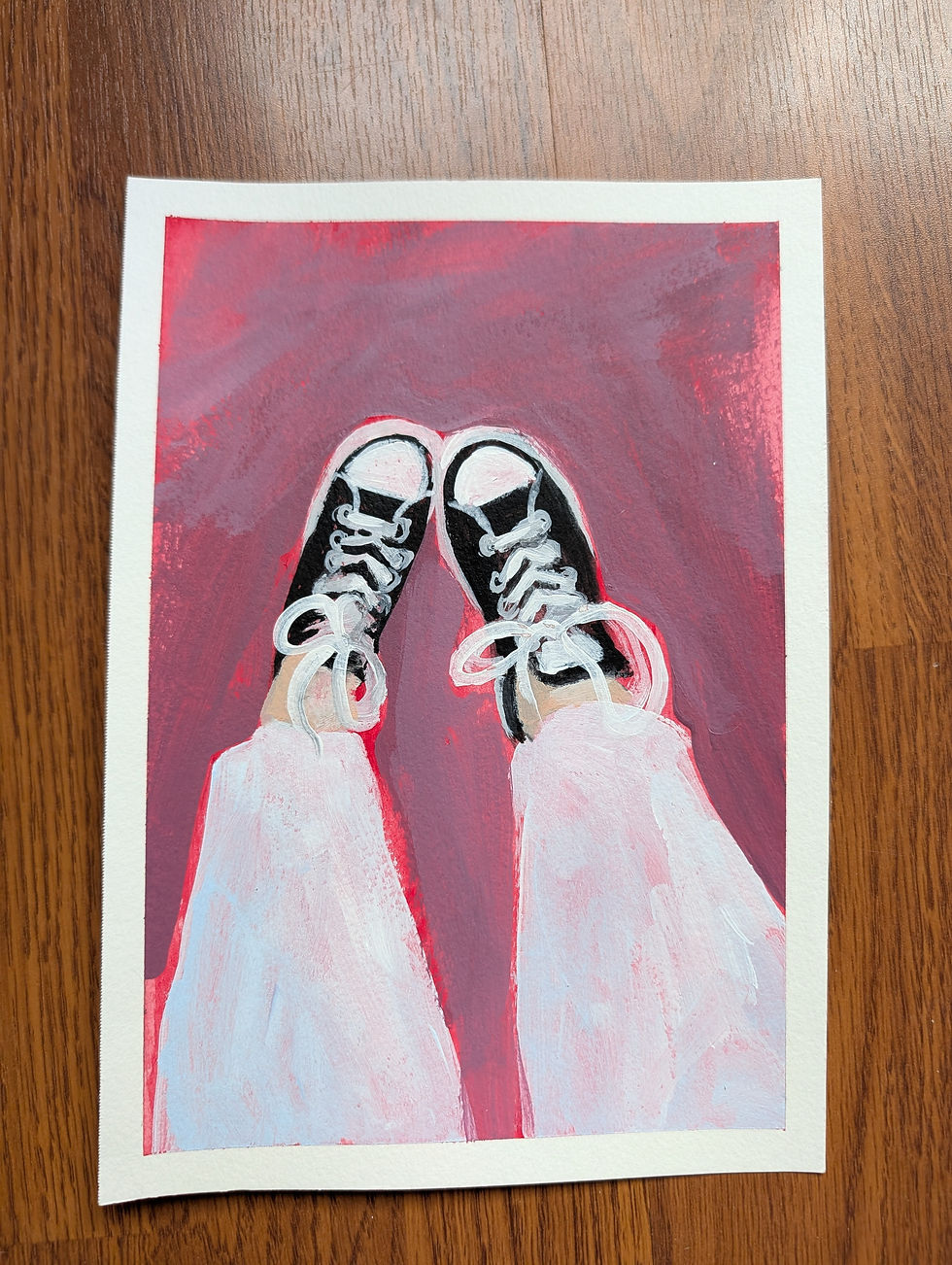 Thumbnail: Acrylic painting of feet in the air with converse shoes on with purple background. 