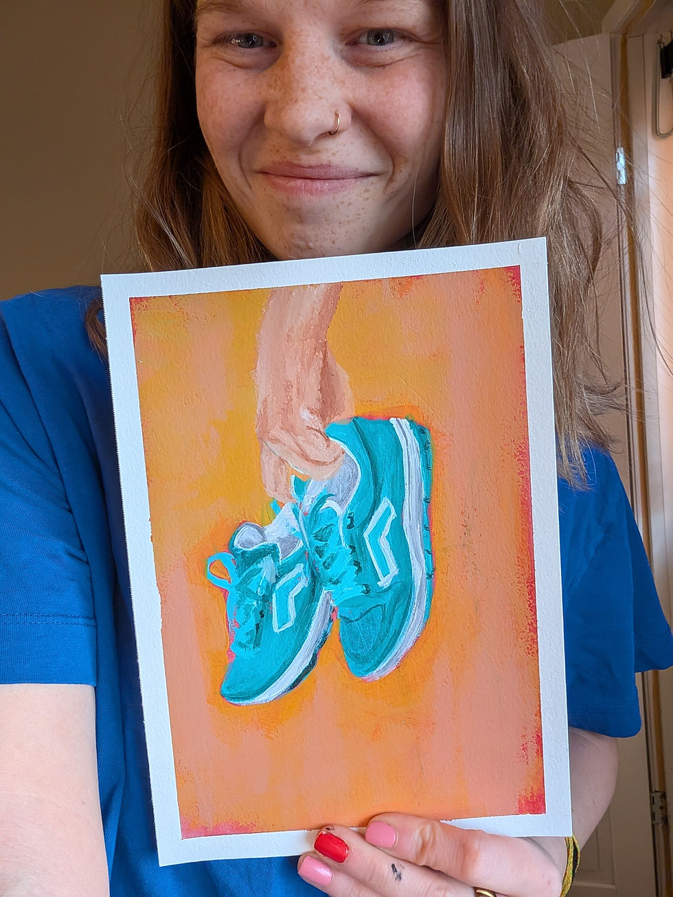 Thumbnail: Acrylic painting of pair of teal sneakers being held in a hand.