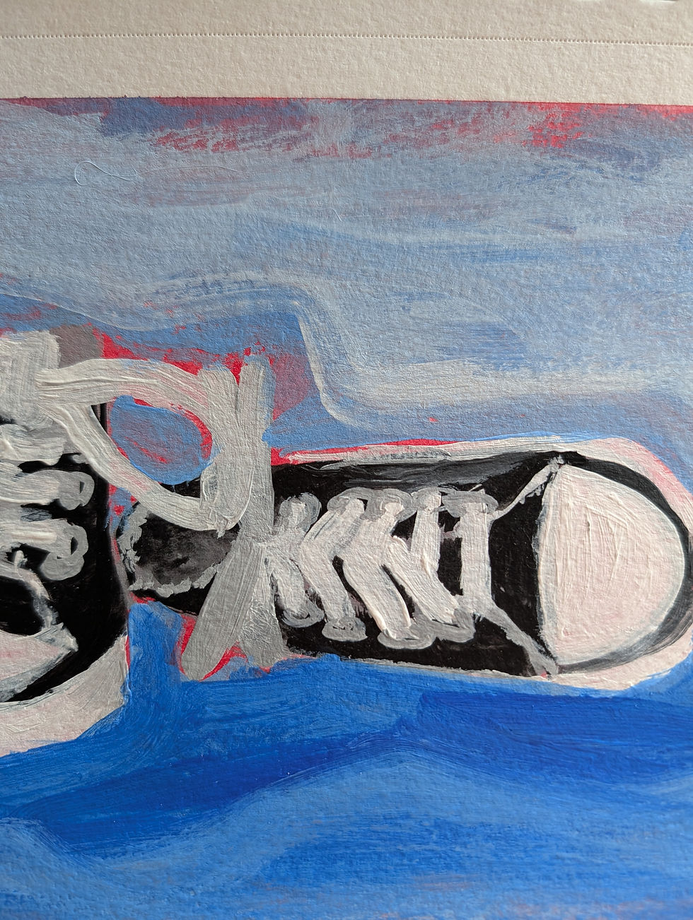 Thumbnail: Acrylic painting of converse sneakers, one is knocked over on a blue background. 