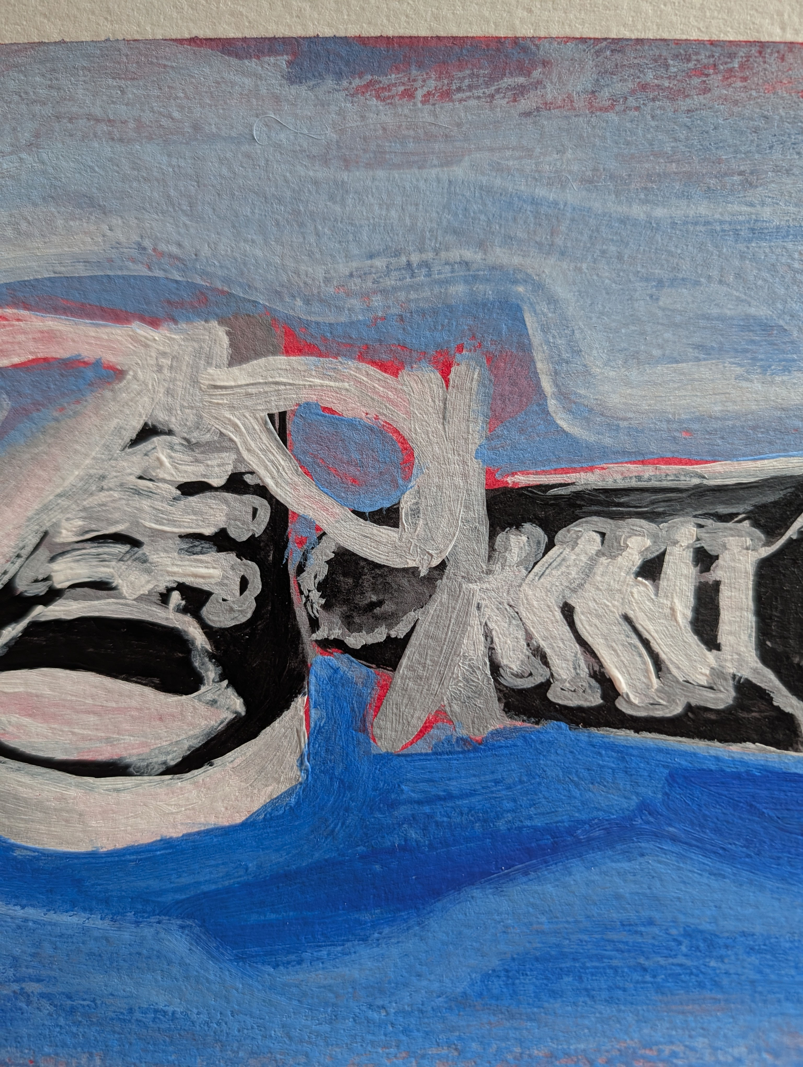 Pair of black converse sneakers on the ground, the one on the right is knocked over. Close up of the painting.