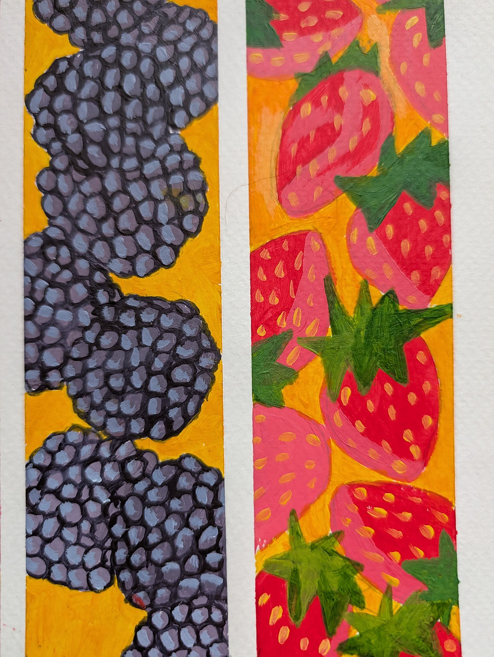 Thumbnail: Acrylic painting of four rows of berries, strawberry, blackberry, raspberry and blueberry, all with yellow backgrounds.