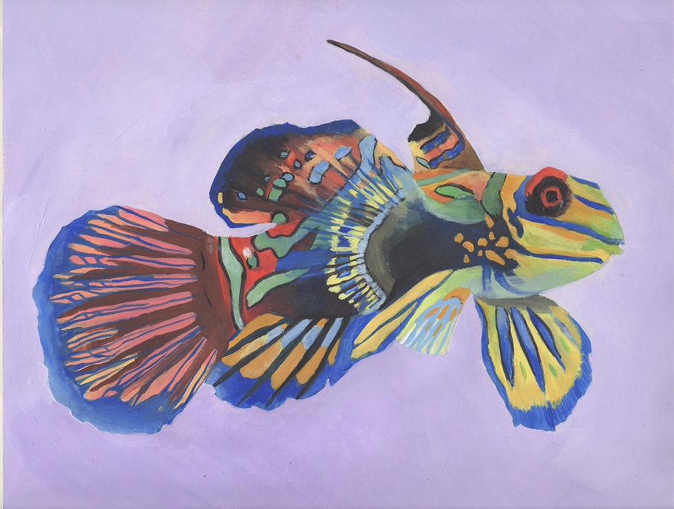 Thumbnail: Acrylic painting of a Mandarin fish on a light purple background. 