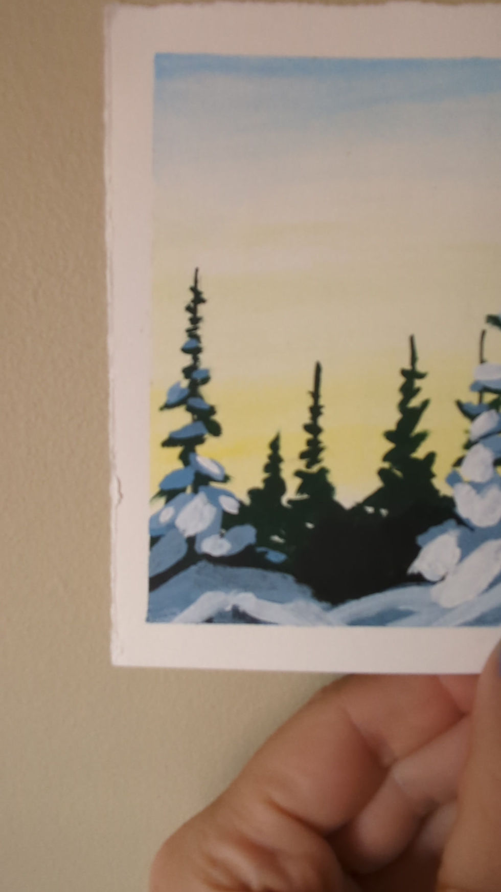 Thumbnail: close up video of acrylic painting of a snowy forest with trees in both the fore and background