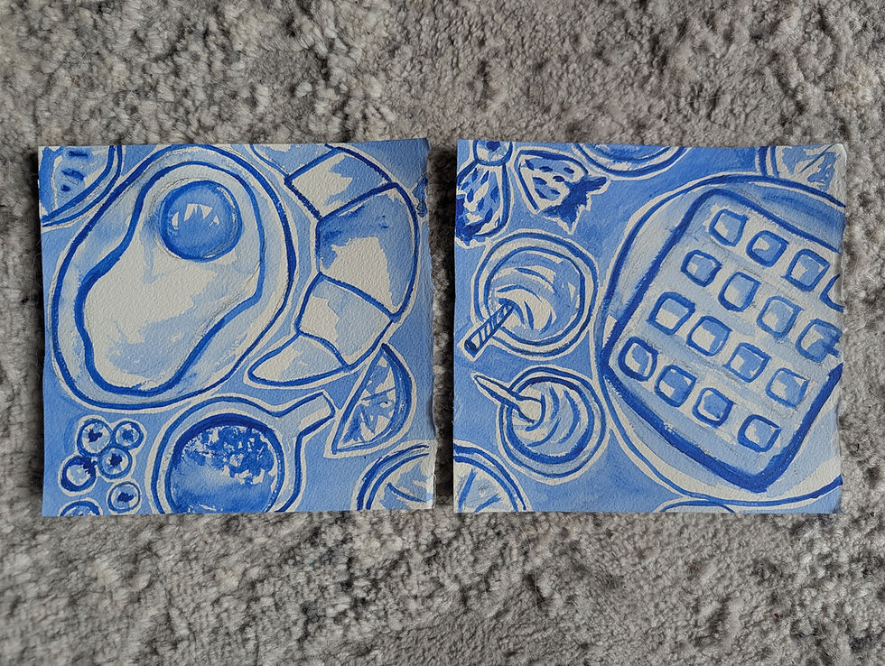 Thumbnail: Two acrylic paintings in all blue of a breakfast table, that fit together in multiple ways.