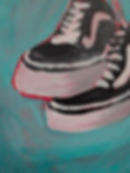 Acrylic painting of a pair of vans sneakers hanging by their laces with a teal background. 