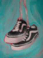 Acrylic painting of a pair of vans sneakers hanging by their laces with a teal background. 