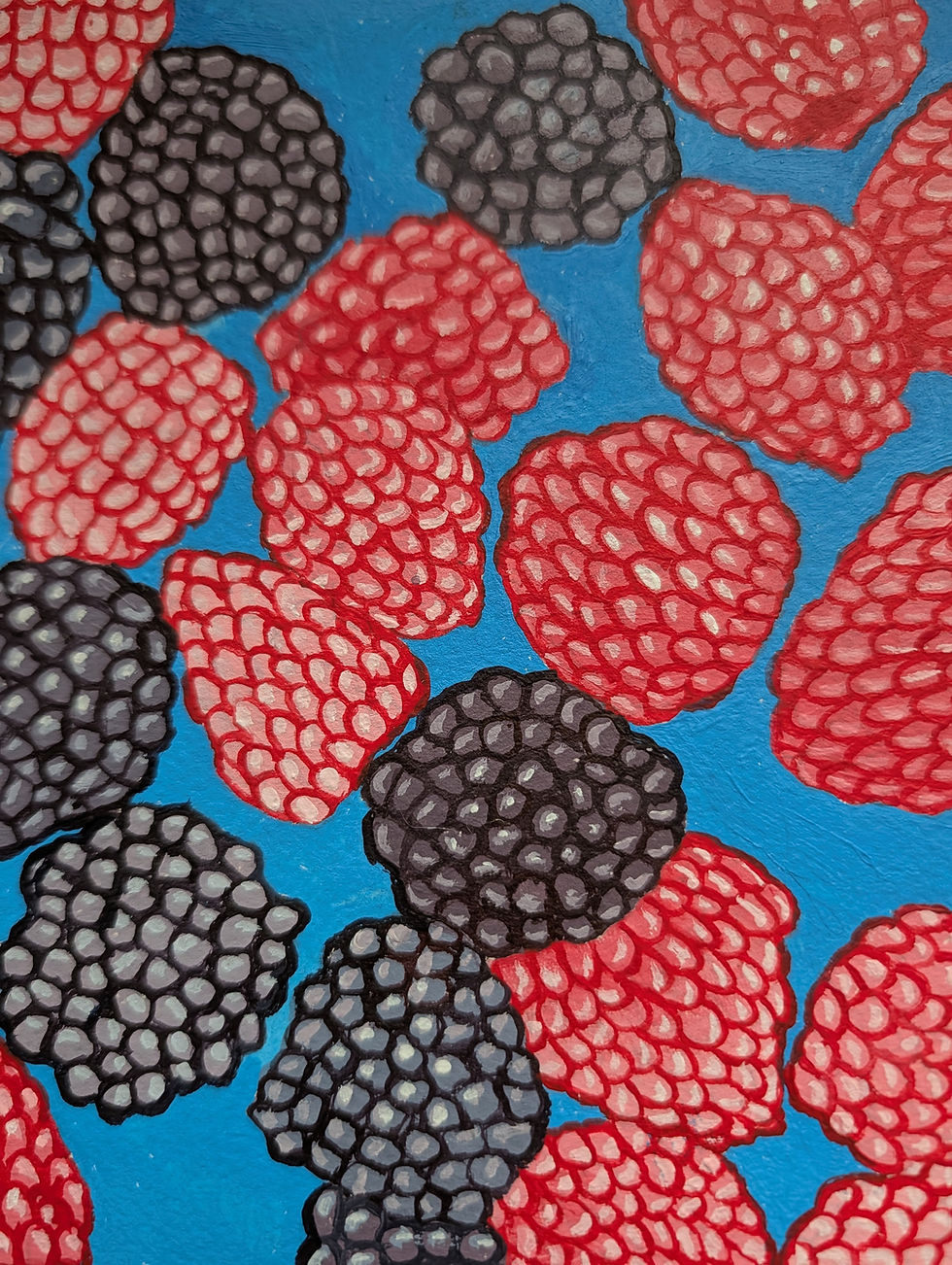 Thumbnail: Acrylic painting of blackberries and raspberries on textured Arches paper. 