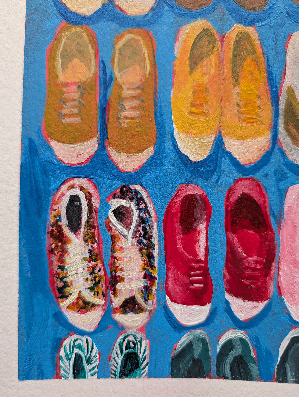 Thumbnail: Close up of acrylic painting of four rows of three pairs of shoes that get progressively more colourful.