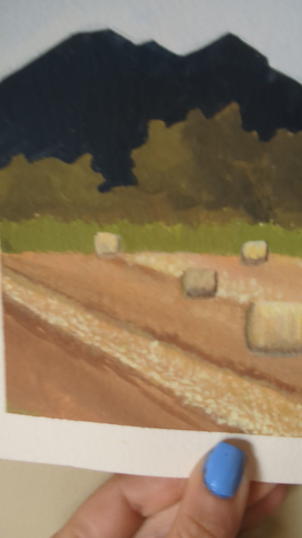 Thumbnail: close up video of acrylic painting of hay bales in a field with trees behind it. done on textured paper