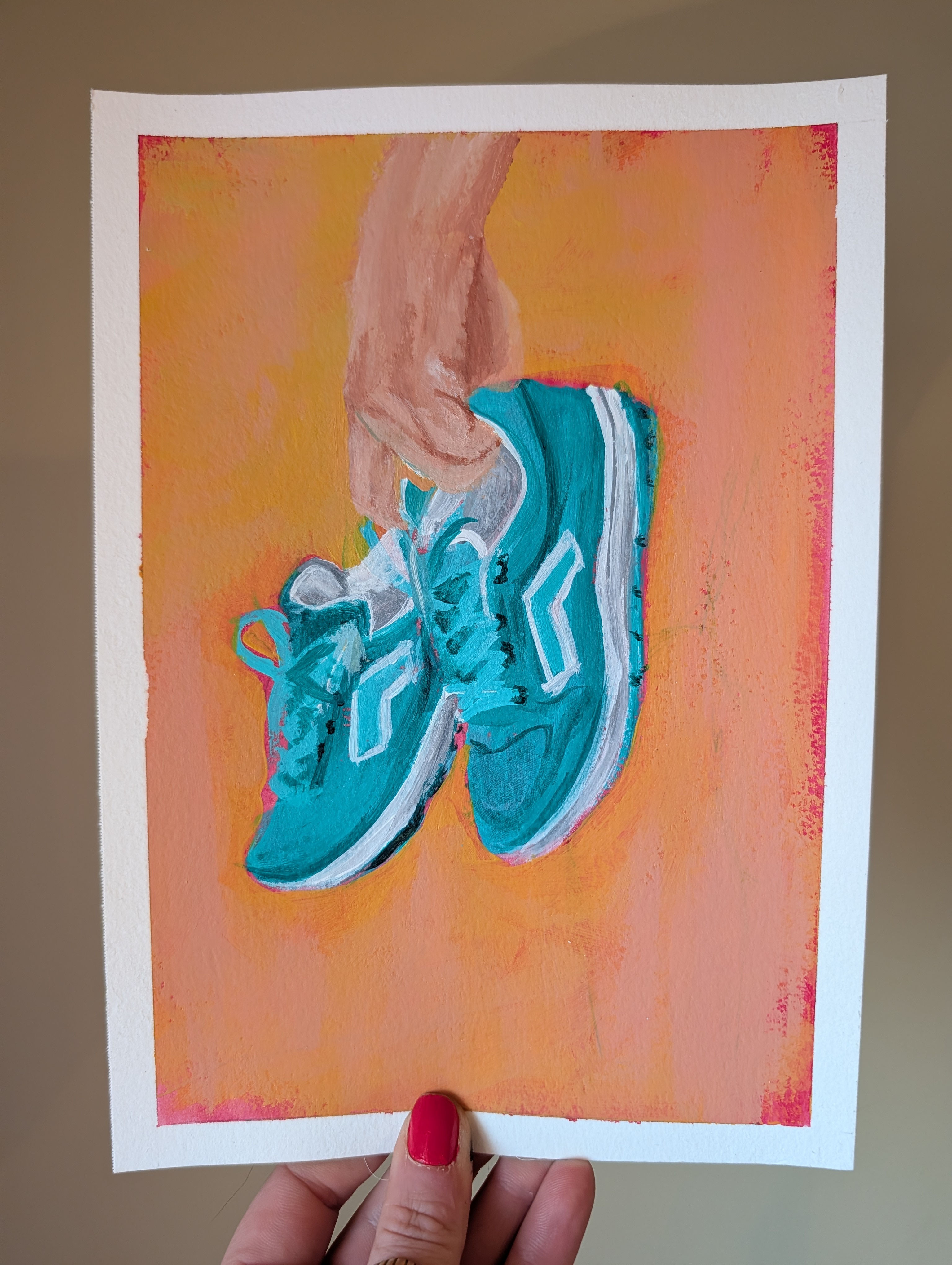 Acrylic painting of pair of teal sneakers being held in a hand.
