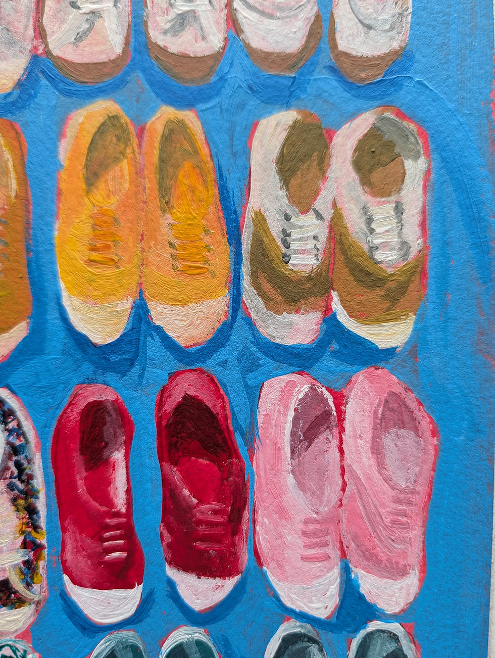 Thumbnail: Close up of acrylic painting of four rows of three pairs of shoes that get progressively more colourful.