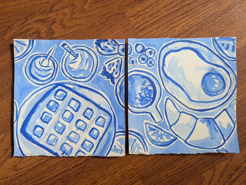 Thumbnail: Two acrylic paintings in all blue of a breakfast table, that fit together in multiple ways.
