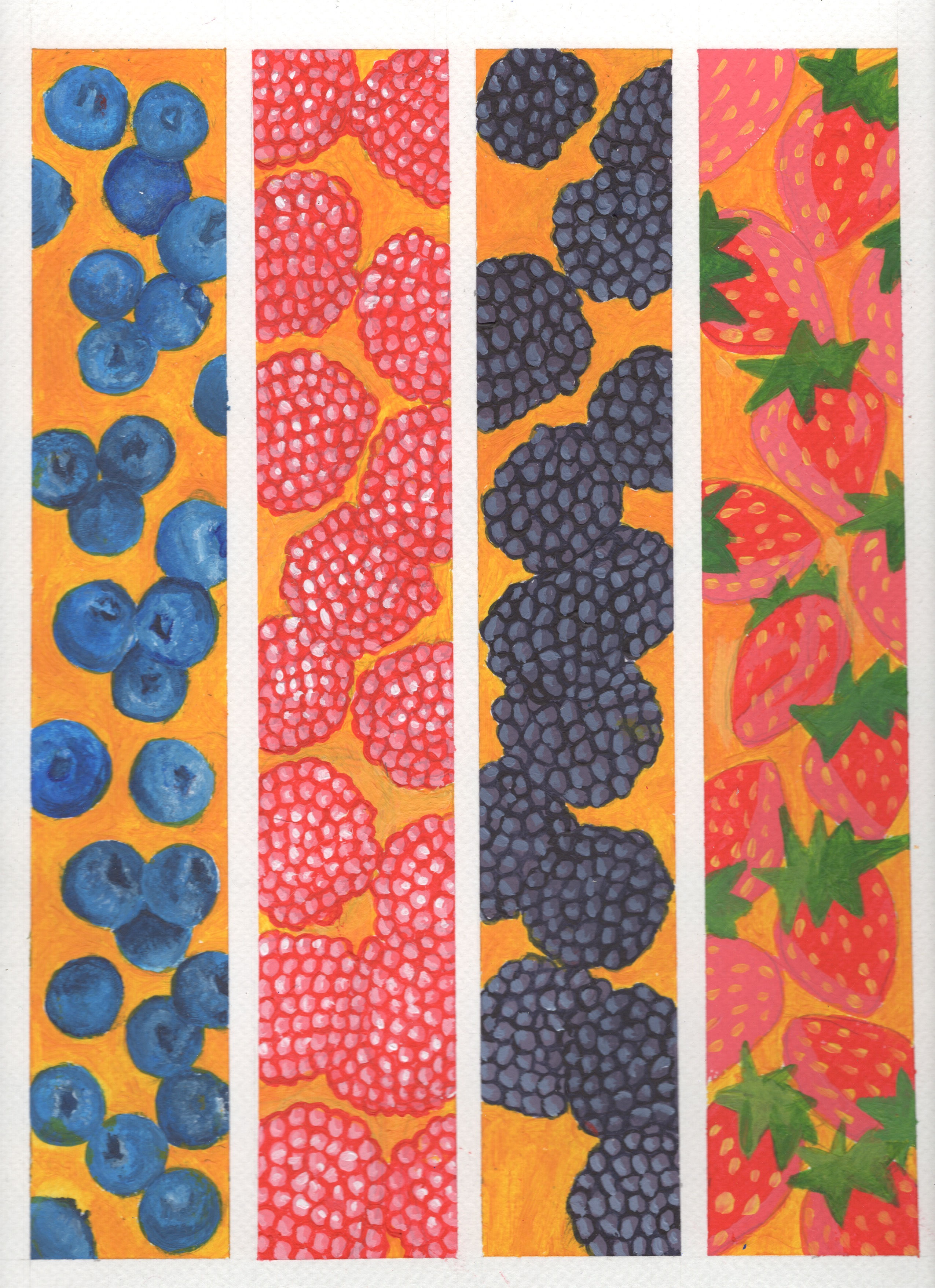 Acrylic painting of four rows of berries, strawberry, blackberry, raspberry and blueberry, all with yellow backgrounds.