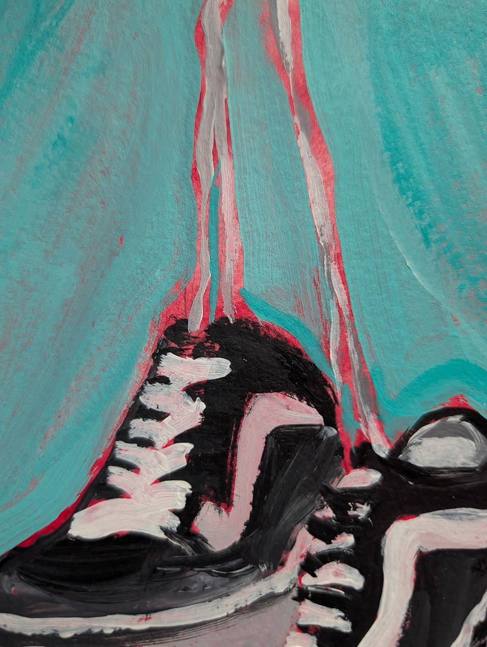 Thumbnail: Acrylic painting of a pair of vans sneakers hanging by their laces with a teal background. 