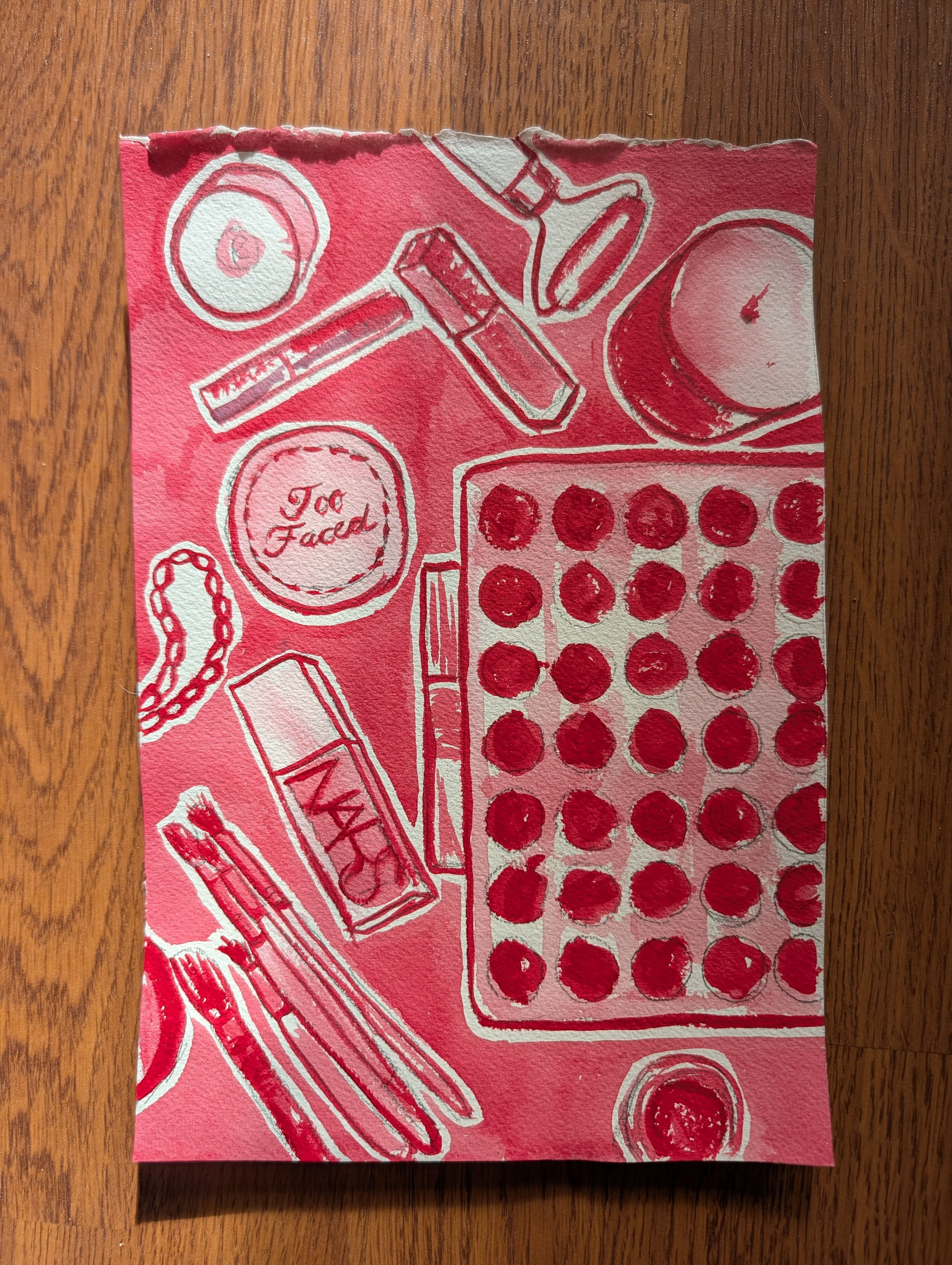 Acrylic painting of makeup supplies done in all red on textured Arches paper. 