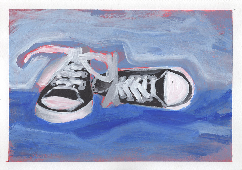 Thumbnail: Acrylic painting of converse sneakers, one is knocked over on a blue background. 