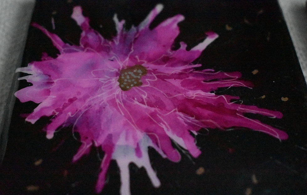 Thumbnail: ceramic coaster handpaited, black background with an unique fuchsia abstract flower