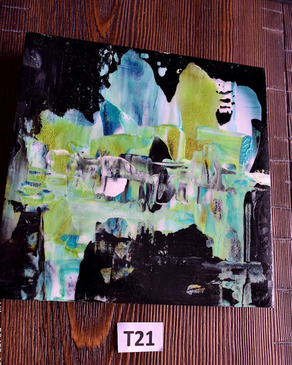 Thumbnail: Abstract paint blue, green and gold. six by six inches