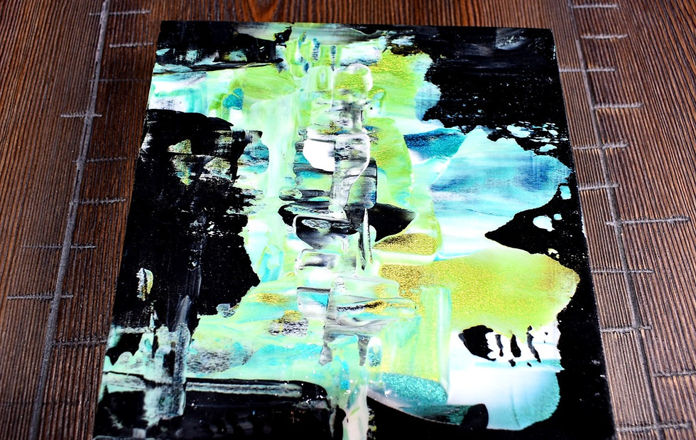 Thumbnail: Abstract paint blue, green and gold. six by six inches