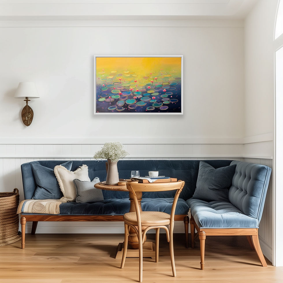 Miniature : Golden Serenity - yellow water lily art in a mockup living room with blue sofa