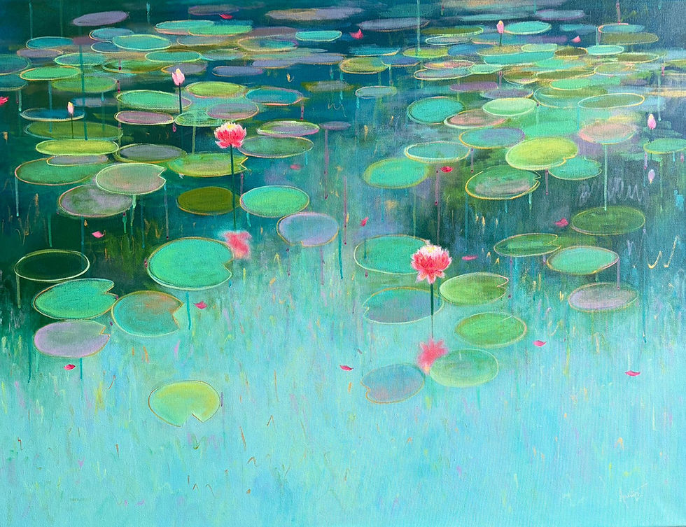 Blossoms in teal Contemporary Teal Water Lily Painting by amita dand full frontal image