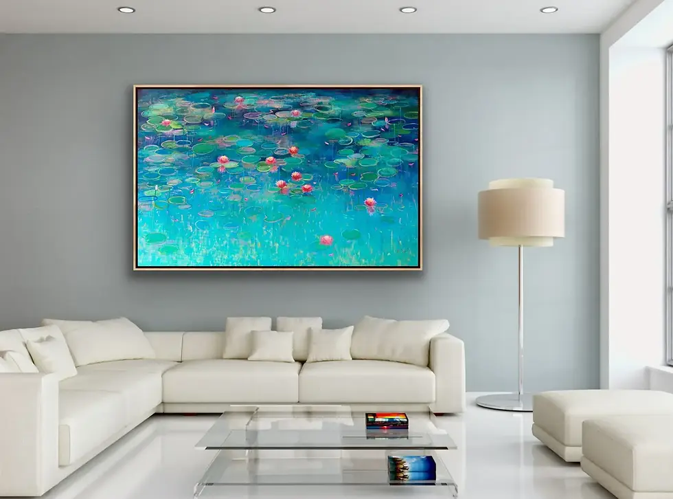 Miniaturbild: Blue Solace - Blue water lilies painting by amita dand in mockup frame and interior in the living room