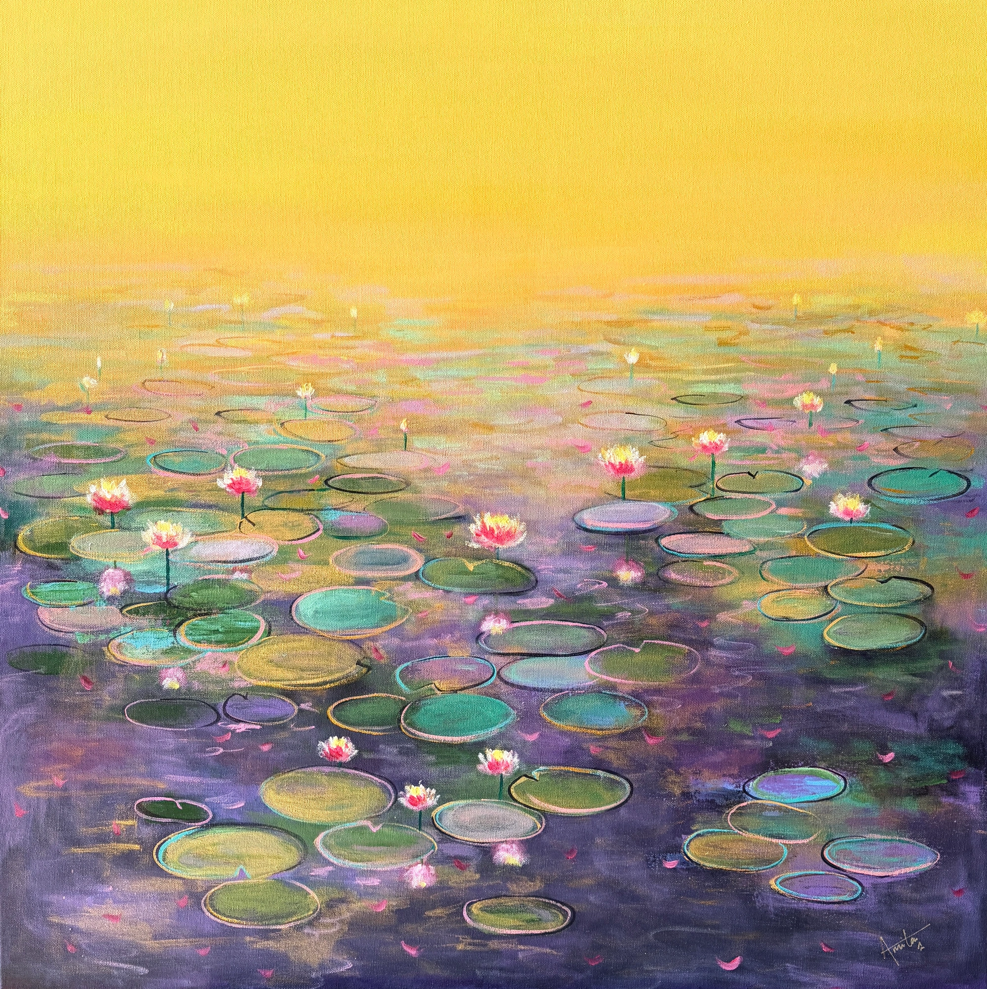 Ethereal Waters | Golden water lily impressionist painting