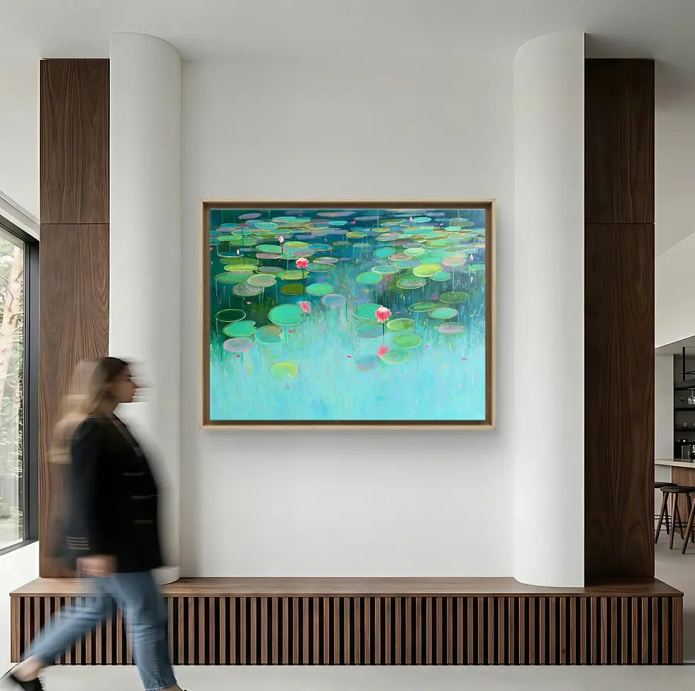 Miniature : Blossoms in teal Contemporary Teal Water Lily Painting by amita dand in a mockup room