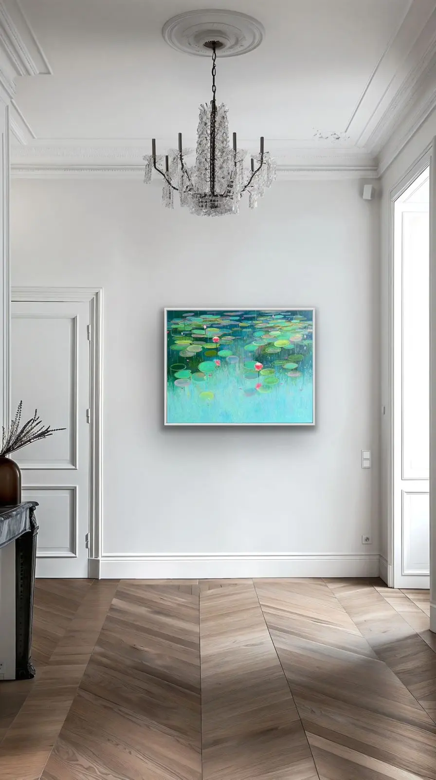 Miniature : Blossoms in teal Contemporary Teal Water Lily Painting by amita dand in a mockup room