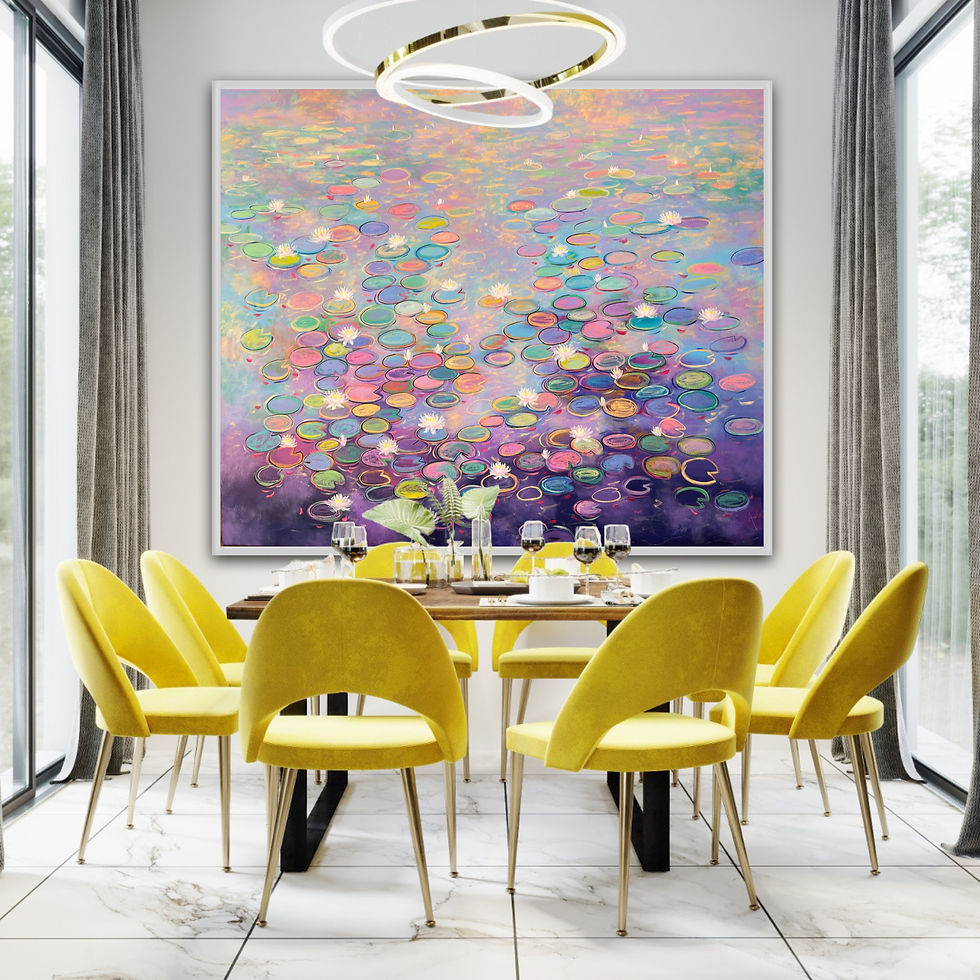 Thumbnail: A Dreamer in  a dream water lily painting in a mockup frame and dining room interior