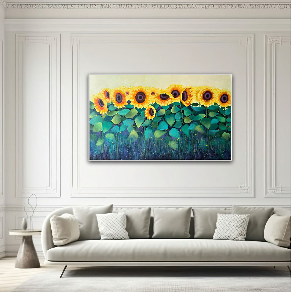Thumbnail: Golden Hour sunflower painting in mockup frame and living room interior