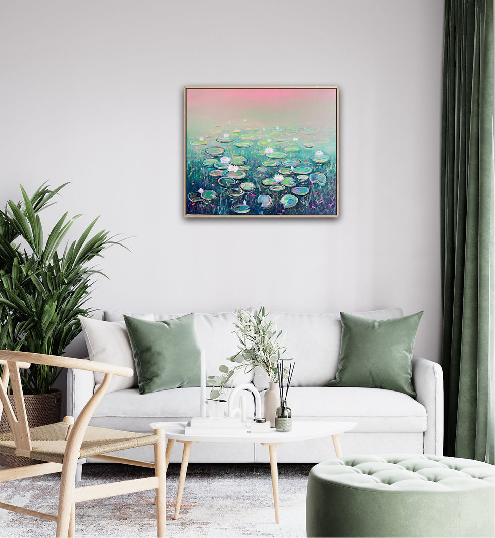 Thumbnail: First Love! Green Pink art full frontal image in mockup frame and living room interior