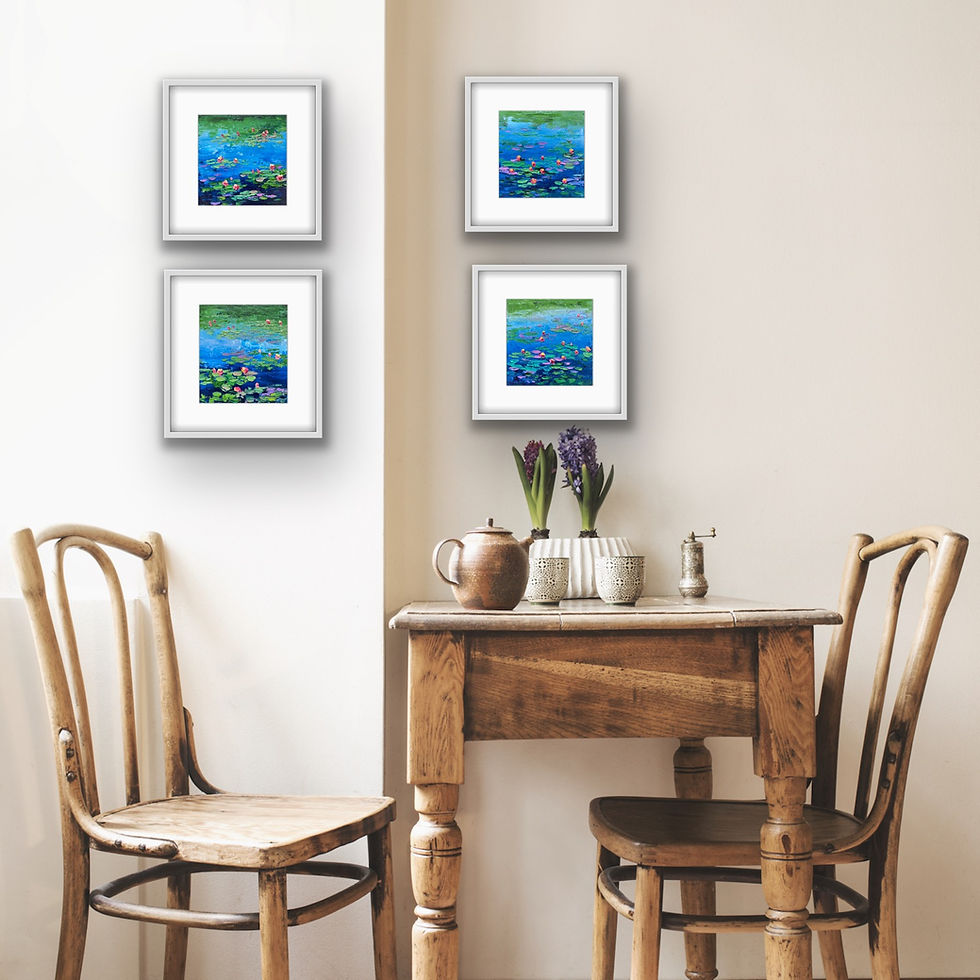 Thumbnail: Echoes of Water Lilies! Mini Water Lilies in mockup frame and interior near dinning room