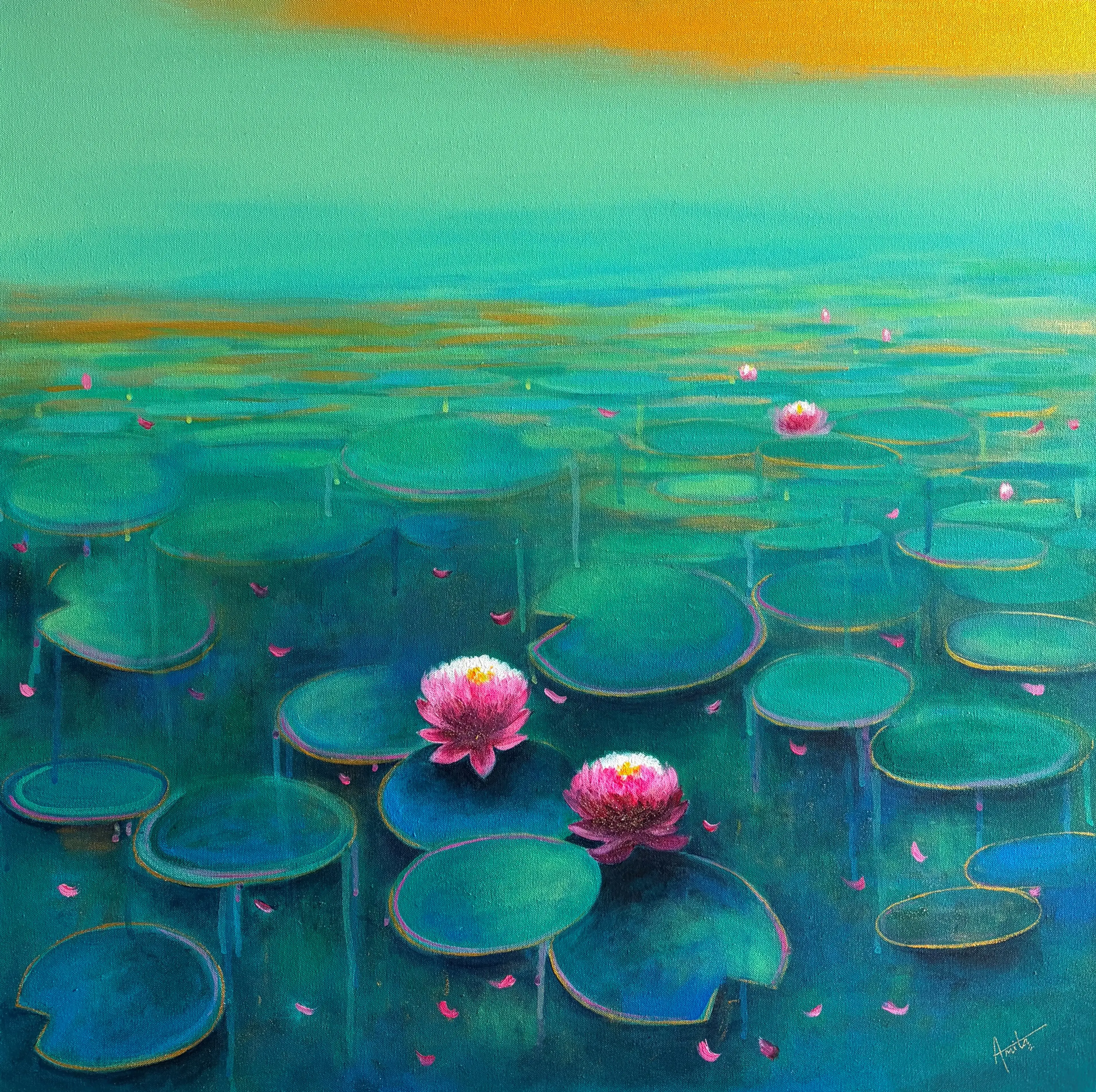 The Emerald Calm Contemporary Green Water Lily Painting by amita dand