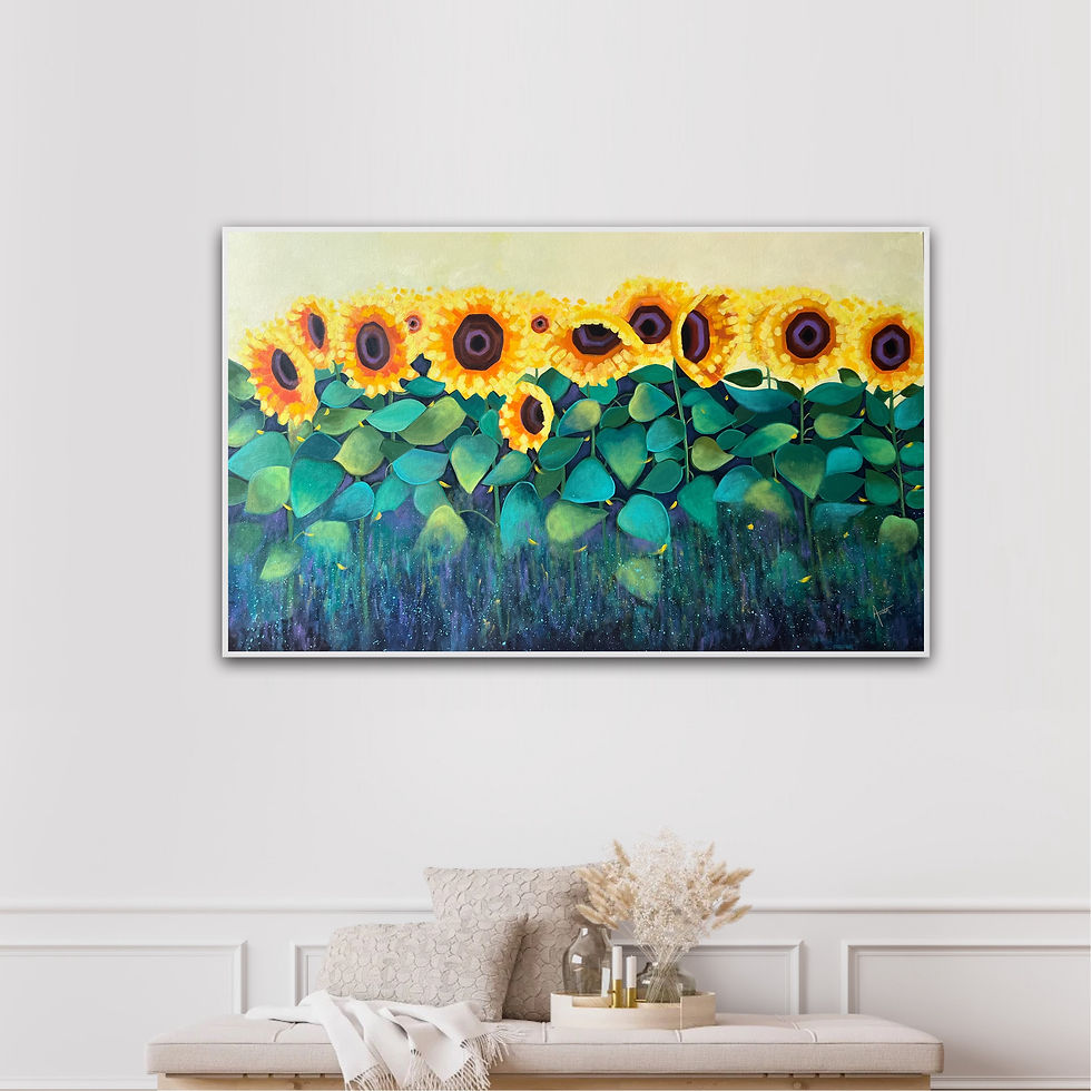 Thumbnail: Golden Hour sunflower painting in mockup frame and living room interior