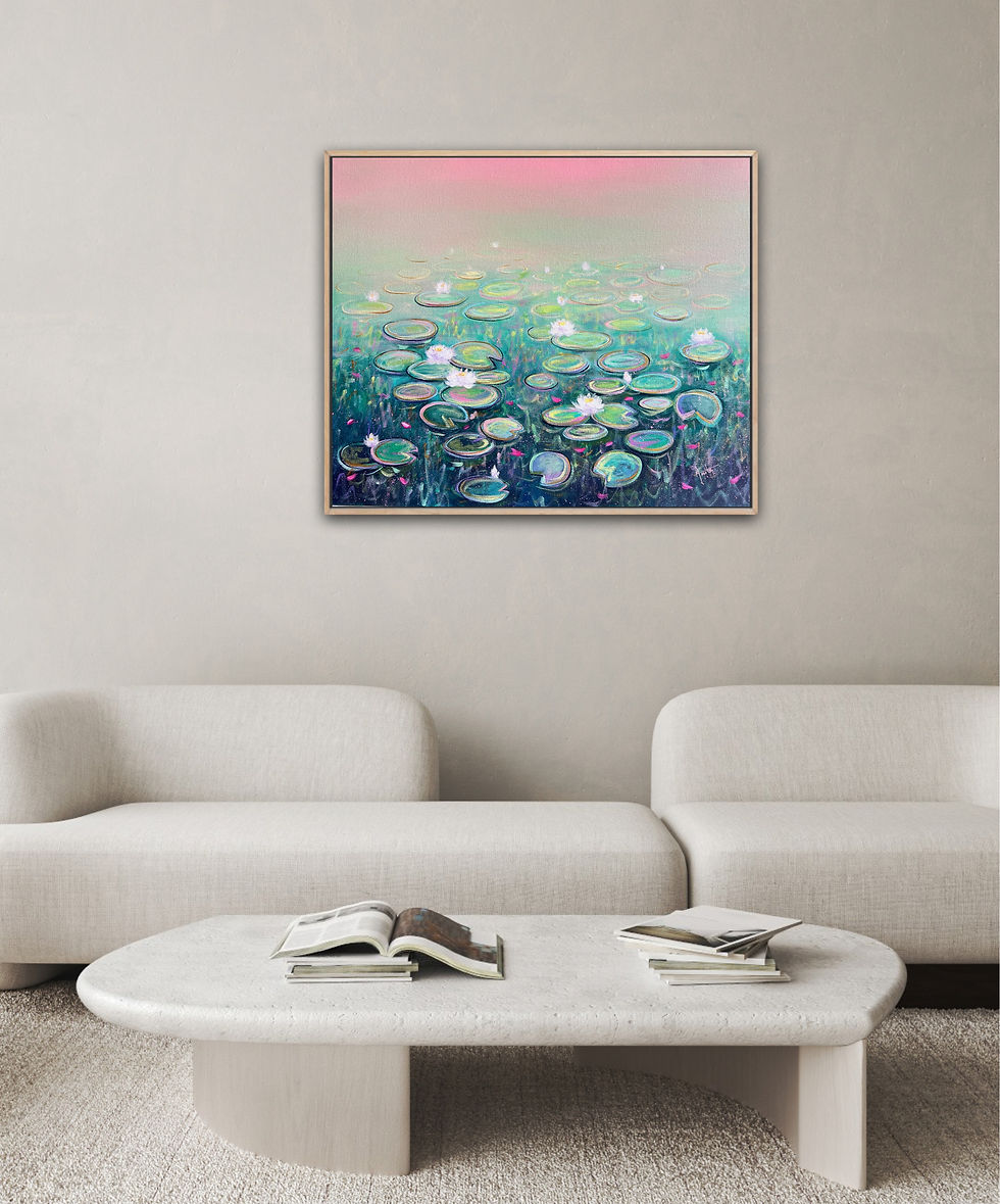 Thumbnail: First Love! Green Pink art full frontal image in mockup frame and living room