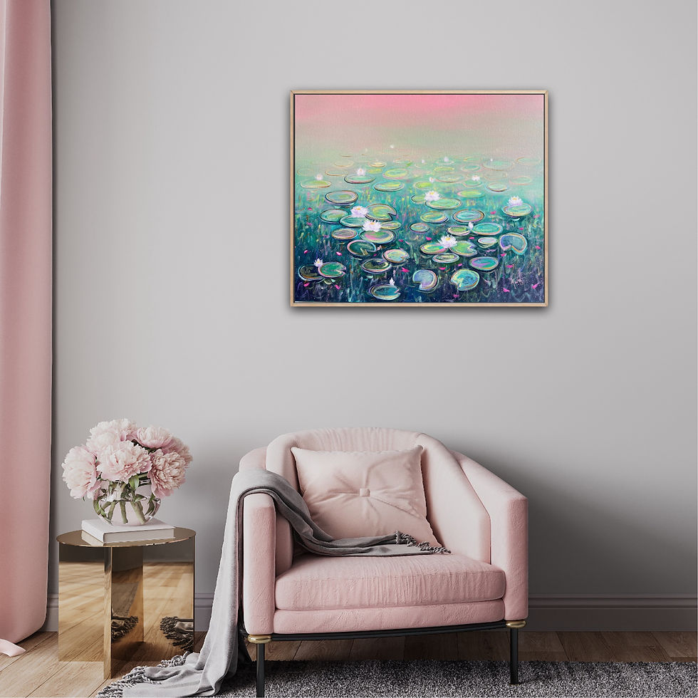 Thumbnail: First Love! Green Pink art full frontal image in mockup frame and interior near a pink chair