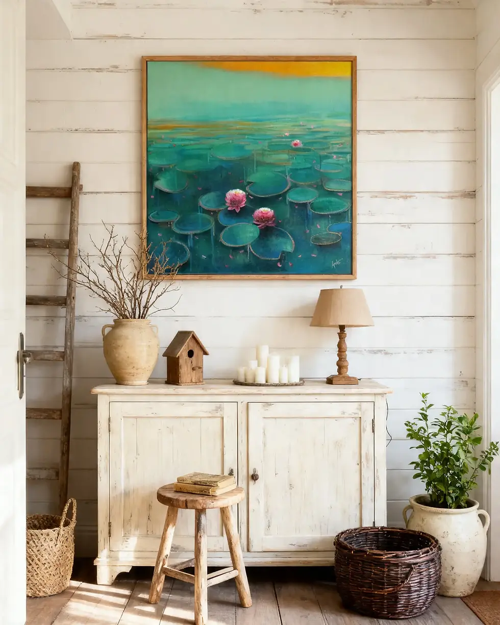 Miniaturbild: The Emerald Calm Contemporary Green Water Lily Painting by amita dand in mockup interior