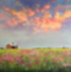Country landscape with pastel clouds overlooking a flower field and a home