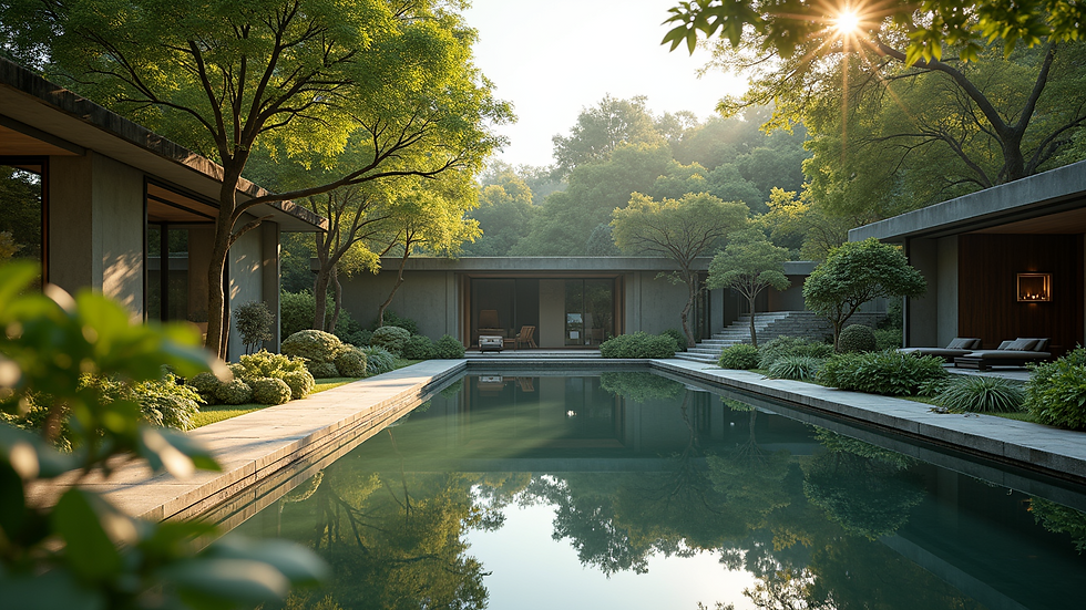 Wide angle view of a tranquil garden space for reflection and peace