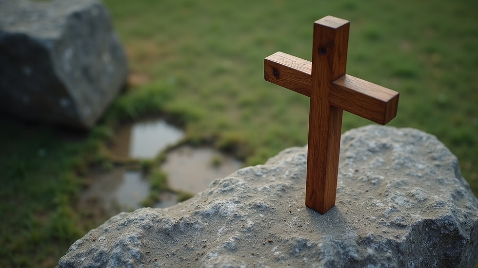 High angle view of a wooden cross on a stone surface