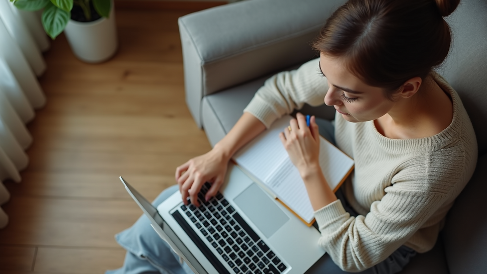 High angle view of a woman studying with a notebook and laptop at home