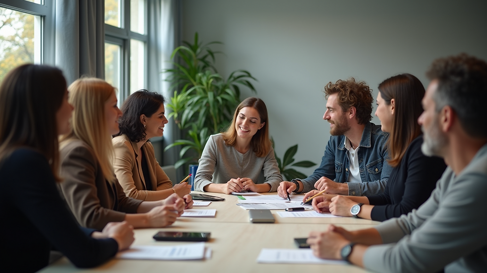 Eye-level view of diverse group adults engaged in a workshop