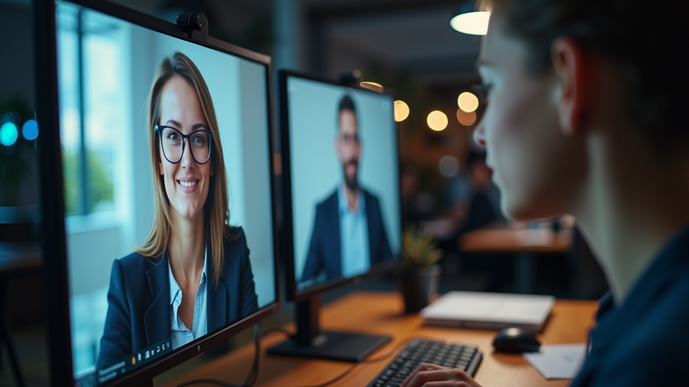 Eye-level view of a computer screen displaying a video conference call