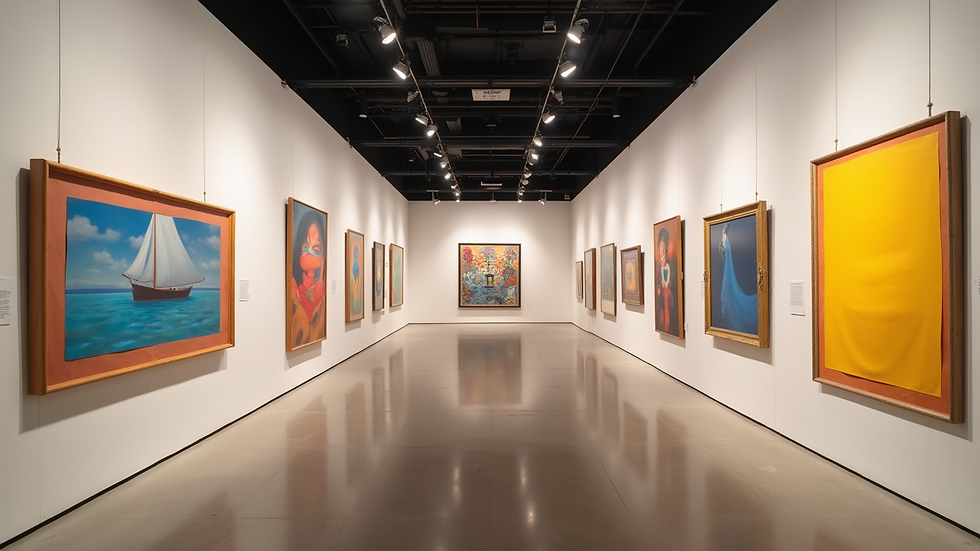 Wide angle view of an art exhibit with colorful paintings