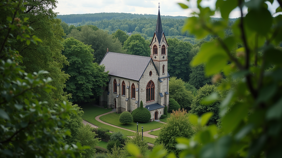 High angle view of a church building surrounded by greenery